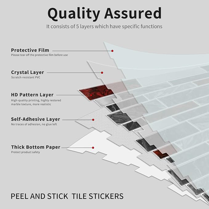 Alwayspon 10 Sheets 12" x12inch Black and Red Marble Effect Vinyl Tiles, Backsplash, Self-Adhesive Peel and Stick Wall Tile Stickers, Stick on Subway Tiles for Kitchen Bathroom Wall Decor
