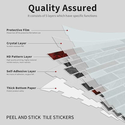 Alwayspon 10 Sheets 12" x12inch Black and Red Marble Effect Vinyl Tiles, Backsplash, Self-Adhesive Peel and Stick Wall Tile Stickers, Stick on Subway Tiles for Kitchen Bathroom Wall Decor