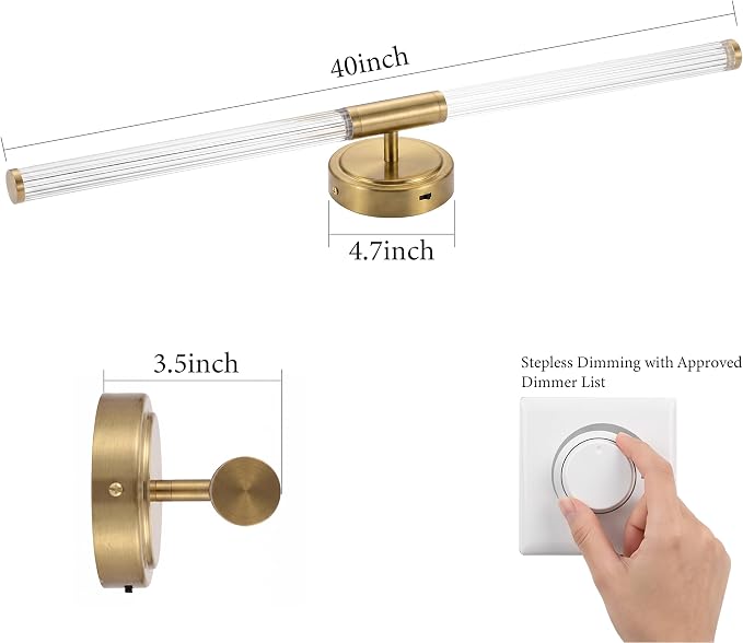 URSOLA 40" Modern LED Bathroom Light Fixtures, Golden 3CCT Dimmable Bathroom Vanity Light Over Mirror, Bathroom Vanity Bath Bar Lights with 360° Removable Acrylic Light Tube