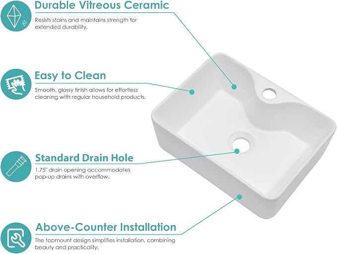 16"x12" Rectangle Bathroom Vessel Sink with Faucet Combo Porcelain Ceramic White Vanity Sink Above Counter Modern Sink with Faucet Hole for Lavatory, Hotel Art Basin, Home Washing Basin