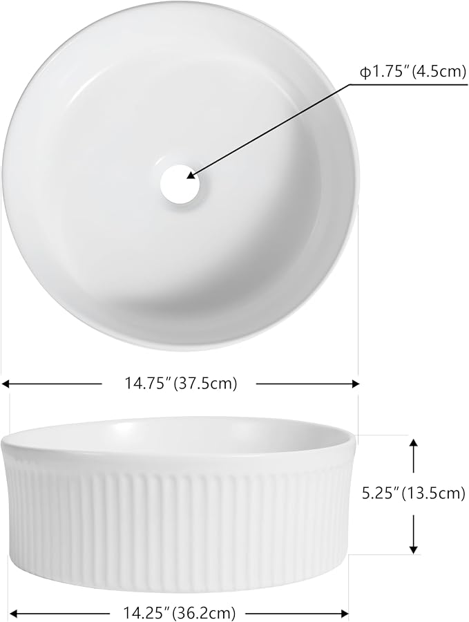 JONATHAN Y Element 14.75" Round Fluted Vessel Sink, White | Ceramic, Above Counter Vanity Basin, 5.25" Height, 1.75" Drain Hole, Stain Resistant Glaze, Modern Minimalist Style
