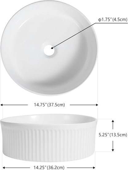 JONATHAN Y Element 14.75" Round Fluted Vessel Sink, White | Ceramic, Above Counter Vanity Basin, 5.25" Height, 1.75" Drain Hole, Stain Resistant Glaze, Modern Minimalist Style