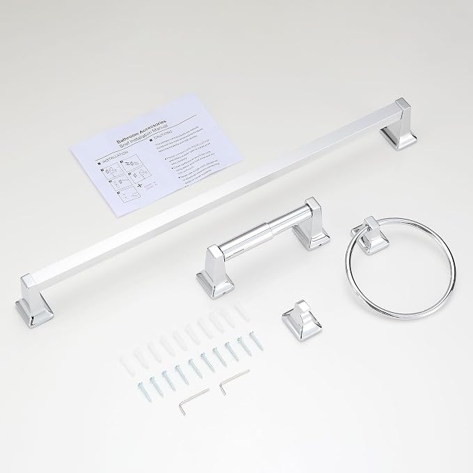 4 Pieces Bathroom Hardware Accessories Set, Stainless Steel 24 inch Towel Bar, Towel Rack, Robe Hook, Toilet Paper Holder for Bathroom Wall Mounted (Chrome)