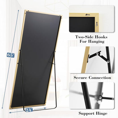 NEWBULIG Full Length Floor Mirror 65"x24", Body Standing Mirror | Wall Hanging or Leaning, Shatter-Proof Glass, Aluminum Alloy Frame with Stand, Home Decor Bedroom, Gold