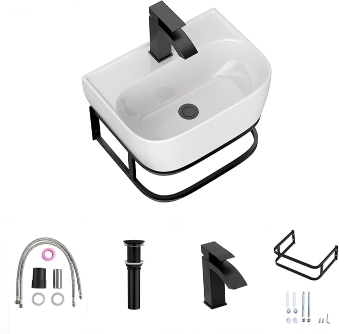 Lordear Wall Mounted Vessel Sink 16x11 Inch, U-Shape White Porcelain Bathroom Sink with Black Faucet and Support Pedestal Legs, Wall Hung Vanity Sink with Towel Rack for Small Bathrooms