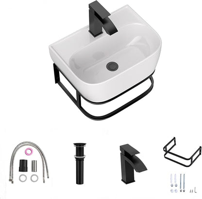 Lordear Wall Mounted Vessel Sink 16x11 Inch, U-Shape White Porcelain Bathroom Sink with Black Faucet and Support Pedestal Legs, Wall Hung Vanity Sink with Towel Rack for Small Bathrooms