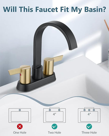 Aolemi Bathroom Faucets for Sink 3 Hole,4 Inch Centerset Waterfall Faucet 2 Handle for Bathroom Sink with Pop-Up Drain and Supply Lines Matte Black and Brushed Gold