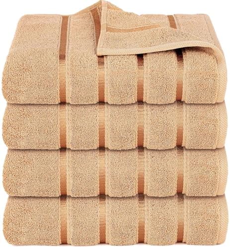 Luxury Bath Towels Set of 4-27x54 Inches 600GSM 100% Cotton Ring Spun - Daily Use Highly Absorbent Viscose Stripe Bath Towel Sets for Bathroom, Hotel, Spa (Beige)