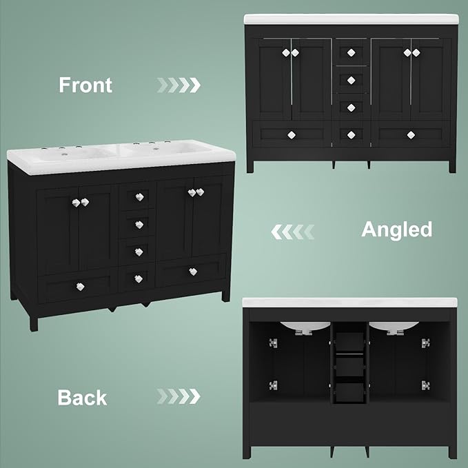 48 Inch Bathroom Vanity with Sink, Bathroom Vanity Cabinet with Doulble Sink, Black Bath Vanities with 4 Doors and 6 Drawers (20" D x 48" W x 36" H)