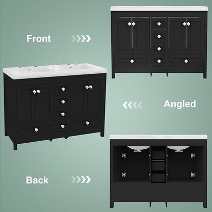 48 Inch Bathroom Vanity with Sink, Bathroom Vanity Cabinet with Doulble Sink, Black Bath Vanities with 4 Doors and 6 Drawers (20" D x 48" W x 36" H)