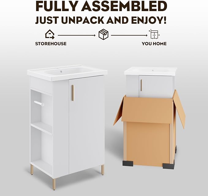 20 Inch White Pre-Assembled Small Bathroom Vanity Cabinet with Ceramic Sink, Soft-Close Door, Left Side Storage, Space-Saving Design, No Faucet,BV05-20-WHITE-PLUS