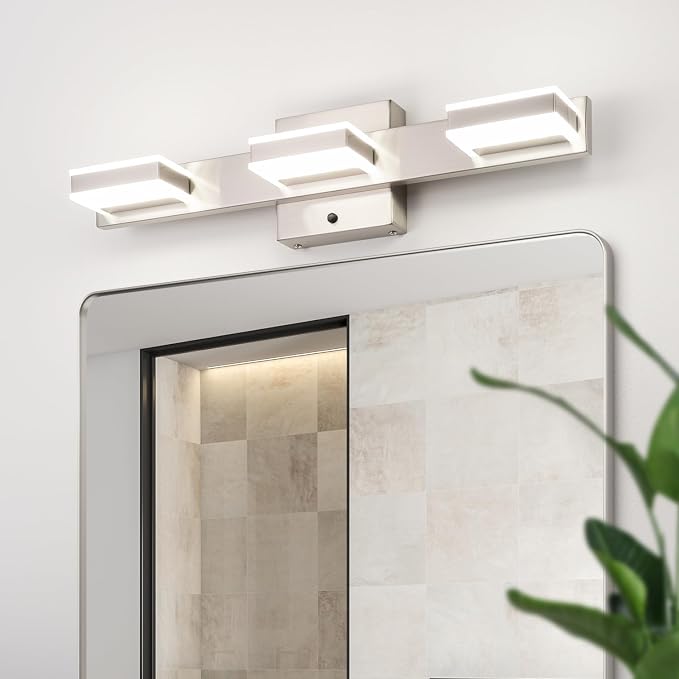 mirrea 20" 3 Light 3CCT LED Brushed Nickel Bathroom Vanity Light Fixture | Over Mirror,3000K/4000K/5000K ,Dimmable,Light Fixtures for Mirror,Rust-resistant,Moisture-resistant,Acrylic shade