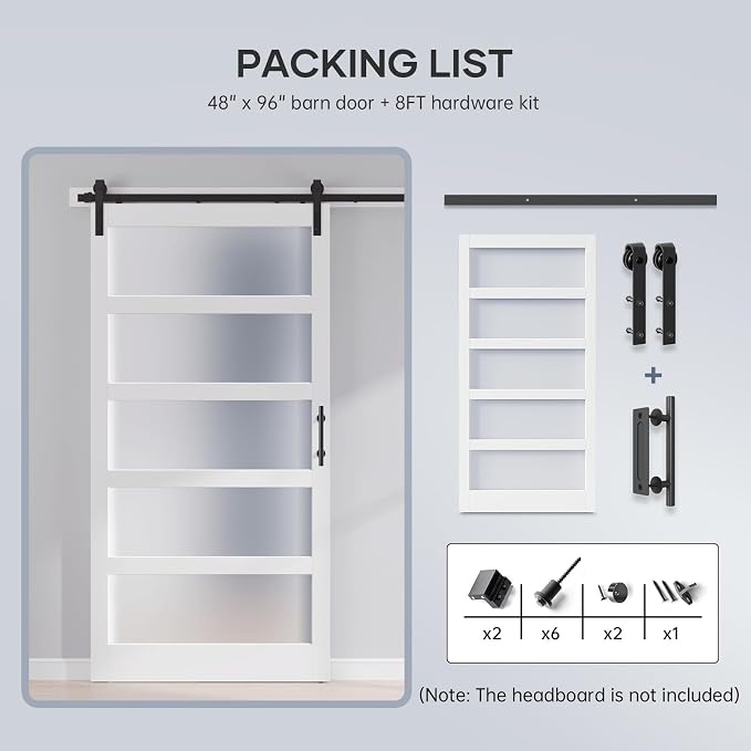 48x96 Inch Glass Sliding Barn Door Slab and 8ft Hardware Kit Included, 5 Frosted Glass, LVL Wood Panel Covered with White Water-Proof Scratch-Proof PVC Surface, Simple DIY Assembly