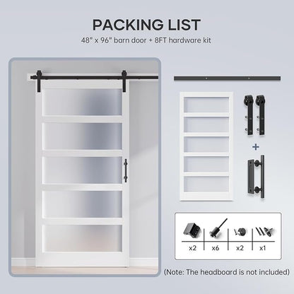 48x96 Inch Glass Sliding Barn Door Slab and 8ft Hardware Kit Included, 5 Frosted Glass, LVL Wood Panel Covered with White Water-Proof Scratch-Proof PVC Surface, Simple DIY Assembly