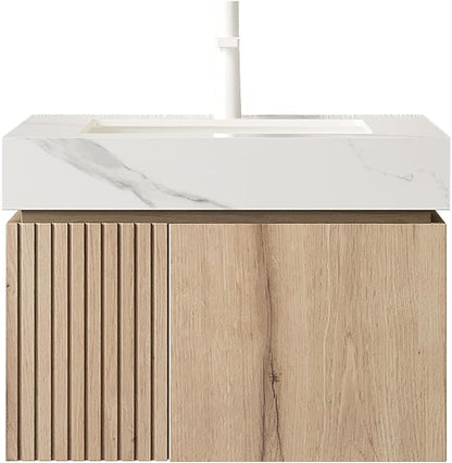 KEIKI 24 Inch Floating Bathroom Vanity with Sink, White Oak & White | Modern Wall Mounted Storage Cabinet with 2 Doors, Pre-assembled Wood Panels, Sintered Stone Top & Ceramic Basin Combo Set