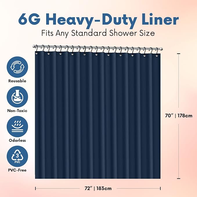 No Smell Shower Curtain Liner 72x72 Navy - PEVA Plastic Shower Curtain for Bathroom, PVC-Free Waterproof Navy Blue Shower Liner with Metal Grommets and Magnet-Weighted Bottom Hem - Washable Liner