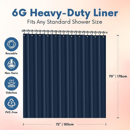 No Smell Shower Curtain Liner 72x72 Navy - PEVA Plastic Shower Curtain for Bathroom, PVC-Free Waterproof Navy Blue Shower Liner with Metal Grommets and Magnet-Weighted Bottom Hem - Washable Liner