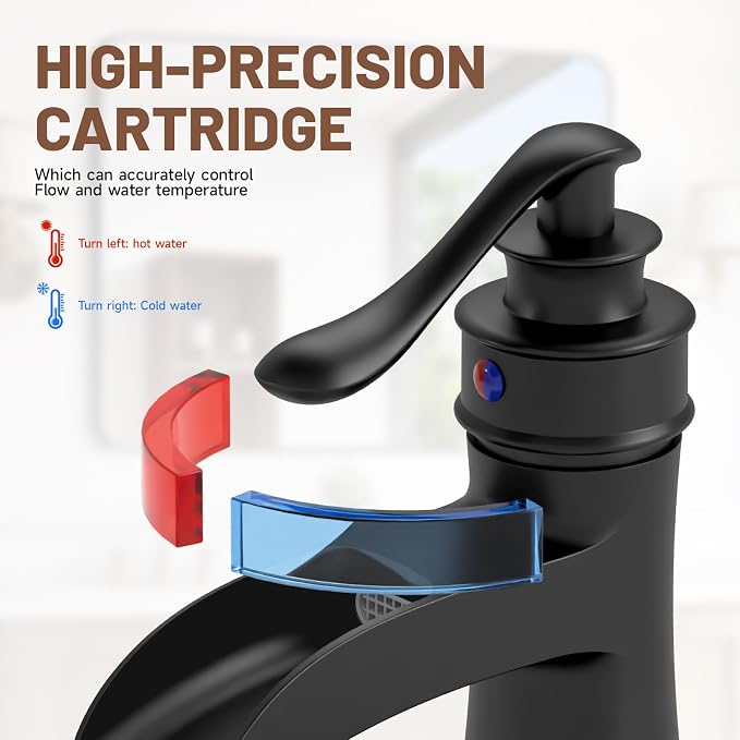 Waterfall Bathroom Sink Faucet Black Bathroom Faucet 1 Hole | Single Handle,with Pop Up Drain Stopper Vanity Water Supply Hose,Lead-Free Solid Brass,Farmhouse Faucet Deck Mount