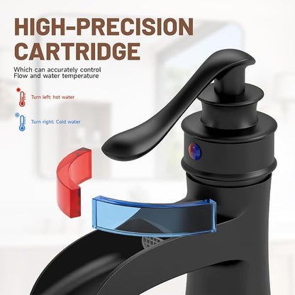 Waterfall Bathroom Sink Faucet Black Bathroom Faucet 1 Hole | Single Handle,with Pop Up Drain Stopper Vanity Water Supply Hose,Lead-Free Solid Brass,Farmhouse Faucet Deck Mount