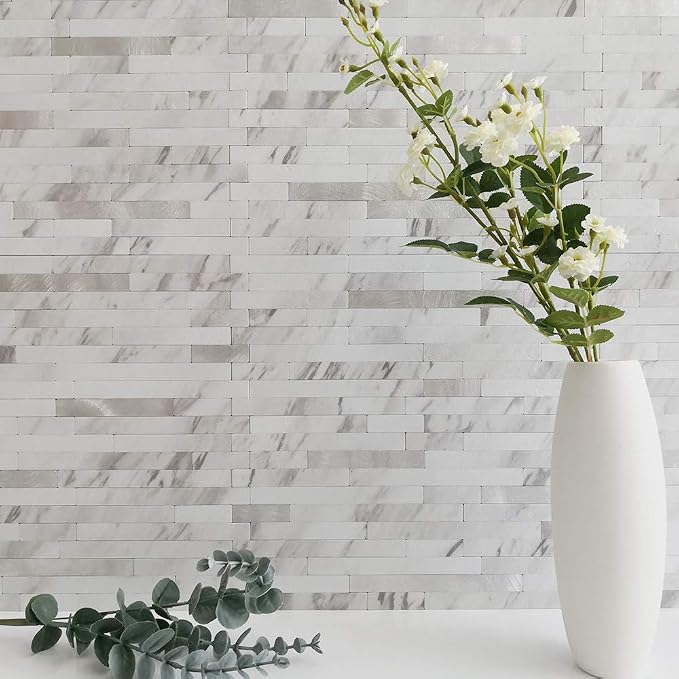 DICOFUN 10-Sheet Peel and Stick Backsplash Tile, Faux White Marble Look PVC Mixed Metal Stick on Backsplash Tiles for Kitchen and Bathroom, 9.4 sq.ft
