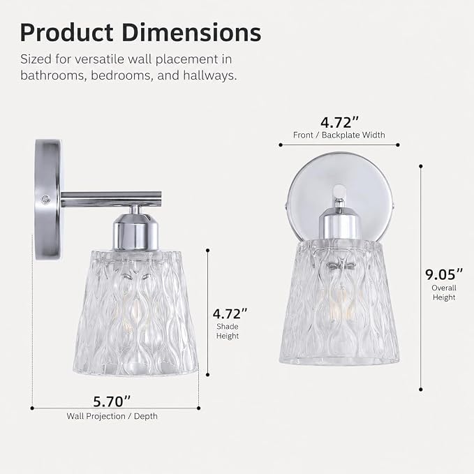 Chrome 1 Light Bathroom Vanity Light with Textured Glass Shade, E26 Socket, Bathroom Light Fixture Over Mirror, Modern Lighting Fixture Wall Lamp Vanity Light