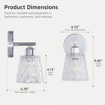 Chrome 1 Light Bathroom Vanity Light with Textured Glass Shade, E26 Socket, Bathroom Light Fixture Over Mirror, Modern Lighting Fixture Wall Lamp Vanity Light