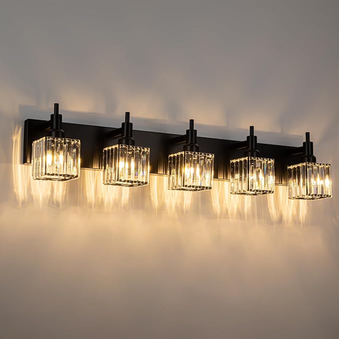 Black Crystal Bathroom Vanity Light 5-Light Modern Bathroom Lighting Fixtures Over Mirror Wall Light Fixtures
