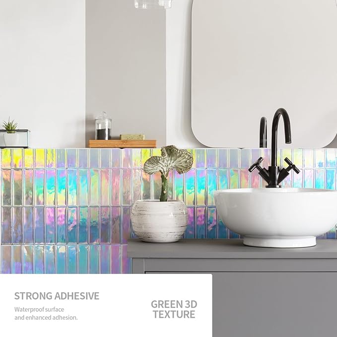 Peel and Stick Backsplash 3D Wall Tiles,Self-Adhesive,Oil Proof,Waterproof, Removable Wall Panels for Kitchen & Bathroom,Modern Design, Easy Install (10.7ft，12x9 inch,14 Pack) (Iridescent)