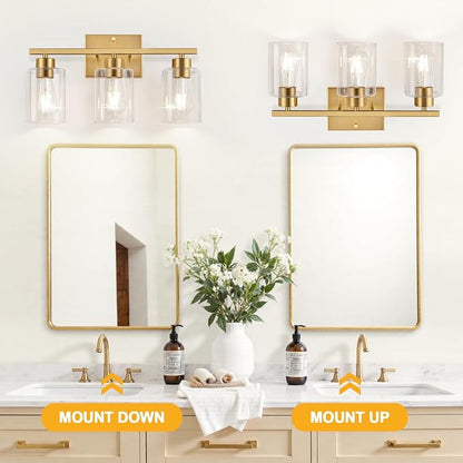 3-Light Brushed Gold Bathroom Vanity Light, Modern Bathroom Light Fixture with Clear Glass Shades, Wall Sconce for Mirror, Kitchen, Bedroom, Living Room, Hallway