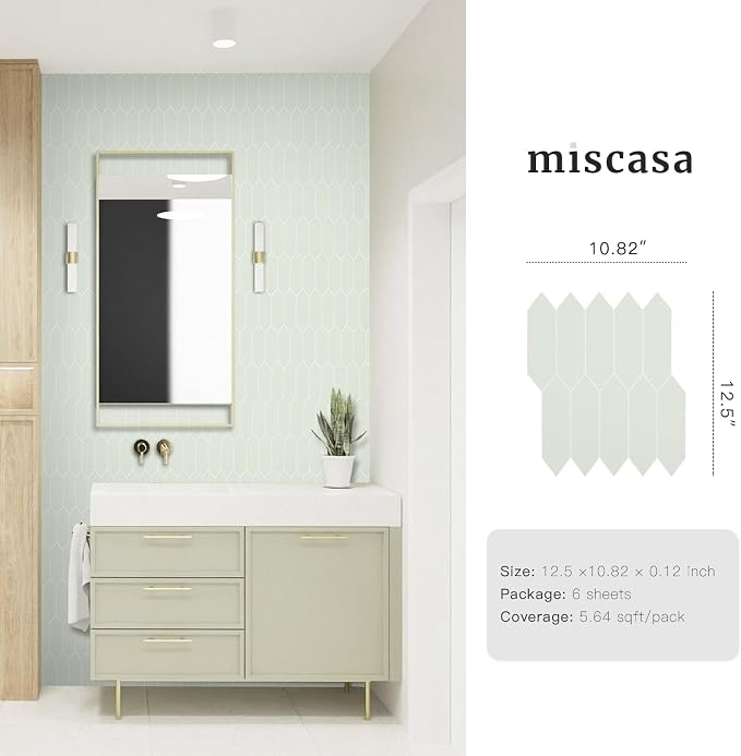 Sage Green Peel and Stick Backsplash Tile, Long Hexagon Self-Adhesive Faux Matte Ceramic Wall Stick for Kitchen and Bathroom, 6 Sheets