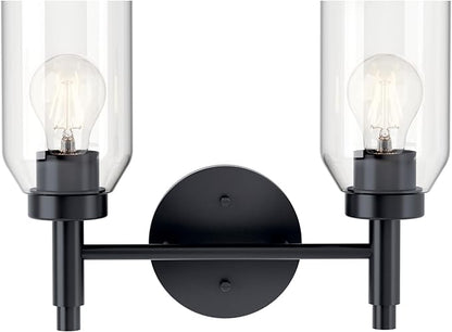 Kichler Madden 2-Light Vanity with Clear Glass in Black, Sloped Ceiling Compatible, for Single or Double Vanity in Bathroom (10.5" x 14.25"), 55184BK