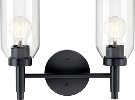 Kichler Madden 2-Light Vanity with Clear Glass in Black, Sloped Ceiling Compatible, for Single or Double Vanity in Bathroom (10.5" x 14.25"), 55184BK