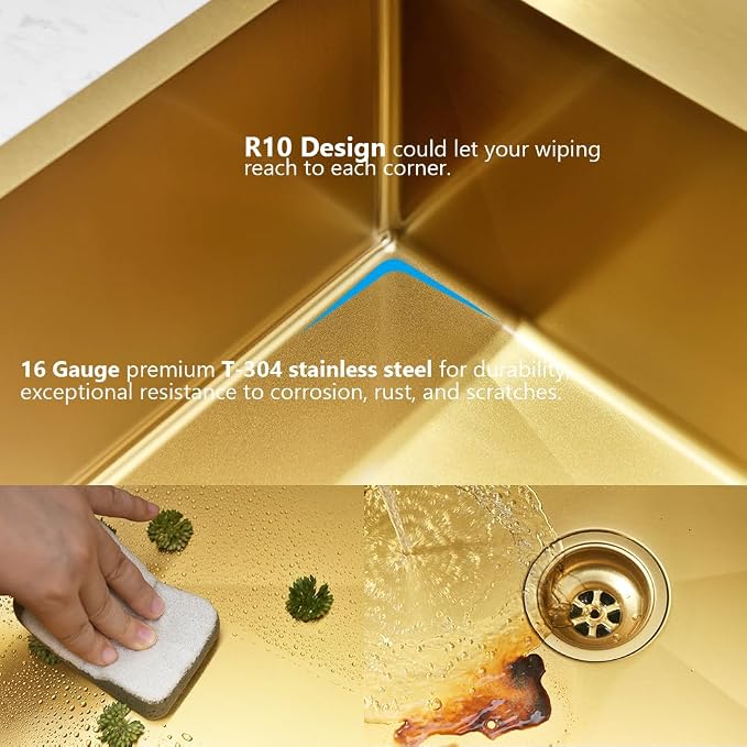 Gold Kitchen Sink, 33x19 Drop In Kitchen Sink Stainless Steel | Top Mount Kitchen Sink 16 Gauge Stainless Steel Deep Single Bowl Sink with Drain Assembly