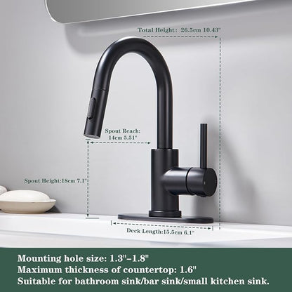 Black Bathroom Sink Faucet with Pull Down Sprayer | 2 Mode Sprayer, with Deck Plate for 1 or 3 Hole, 360° Swivel, with Pop Up Drain for Vanity Bar RV Basin Laundry Kitchen