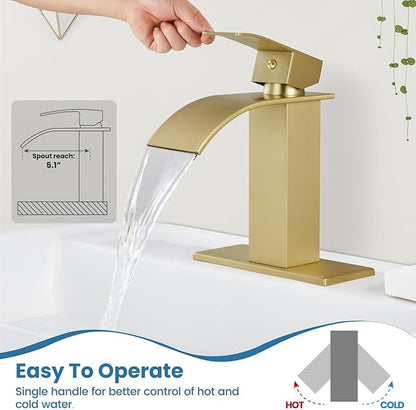 Airuida Brushed Gold Waterfall Spout Single Handle Bathroom Sink Faucet Single Hole Rv Lavatory Vanity Vessel Faucet Basin Mixer Tap with Deck Plate Supply Hoses 1 Hole or 3 Hole