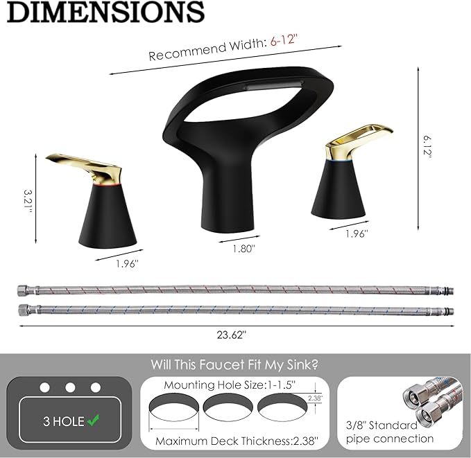 Black Bathroom Faucet 3 Hole, Modern Faucet for Bathroom Sink with Adjustable Spout, Solid Brass 8 Inch Widespread Waterfall Bathroom Faucets with Water Supply Hoses and 2 Gold Handles