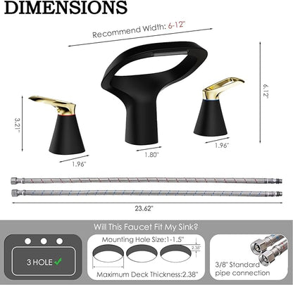 Black Bathroom Faucet 3 Hole, Modern Faucet for Bathroom Sink with Adjustable Spout, Solid Brass 8 Inch Widespread Waterfall Bathroom Faucets with Water Supply Hoses and 2 Gold Handles