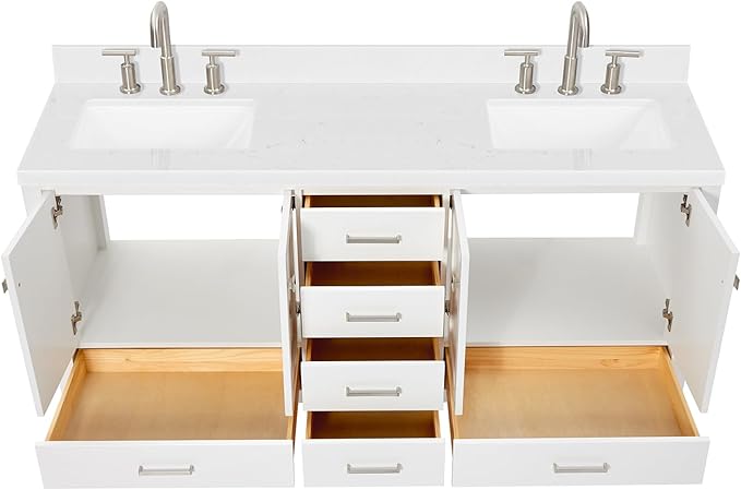 DKB Beckford 72 Inch Bathroom Vanity Double Sink — White Bathroom Vanity with Sink, 1.5" Edge Carrara White Quartz Countertop & Backsplash, 4 Soft-Close Doors, 6 Dovetail Drawers
