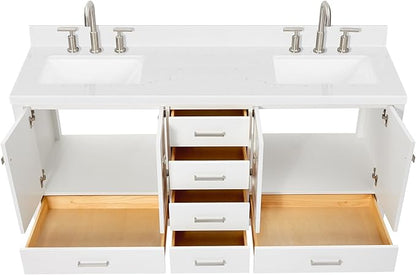 DKB Beckford 72 Inch Bathroom Vanity Double Sink — White Bathroom Vanity with Sink, 1.5" Edge Carrara White Quartz Countertop & Backsplash, 4 Soft-Close Doors, 6 Dovetail Drawers