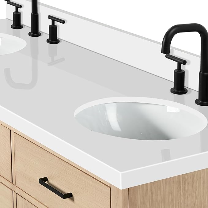 ARIEL Hepburn 66-inch Bathroom Vanity with Sink,Solid Wood, 1.5-inch Pure White Quartz Countertop & Backsplash, Double Oval Porcelain Sink, 4 Soft Closing Doors, 6 Dovetail Drawers, White Oak
