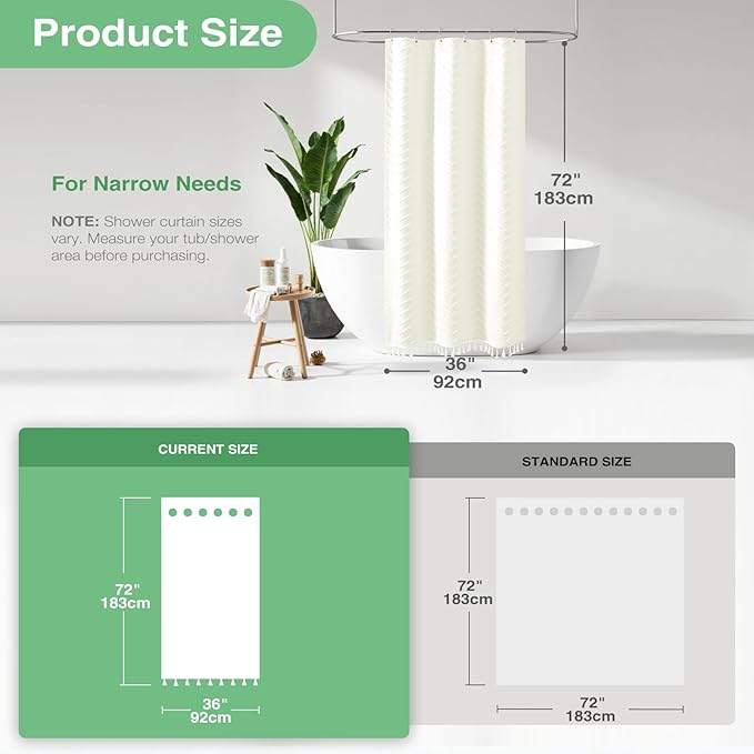 Dynamene Stall Fabric Shower Curtain, 36x72 inch Half Boho Tufted Chevron Striped Small Cloth Shower Curtains for Bathroom, Narrow Thick Waterproof Polyester Shower Curtain Set with 6 Hooks, Cream