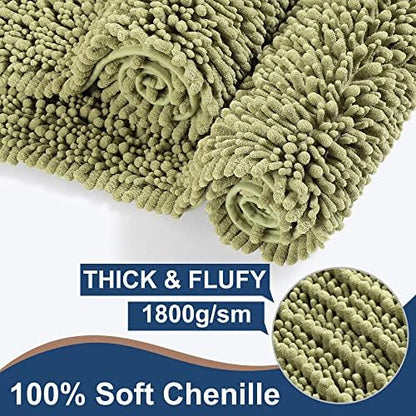 Luxury Chenille Light Sage Green Bathroom Rugs Sets 2 Piece, Thickened Hot Melt Rubber Bottom Bath Mats for Bathroom Non Slip,Bath Rugs Quick Dry Machine Washable for Shower Mat (47"x17"+17"x24")