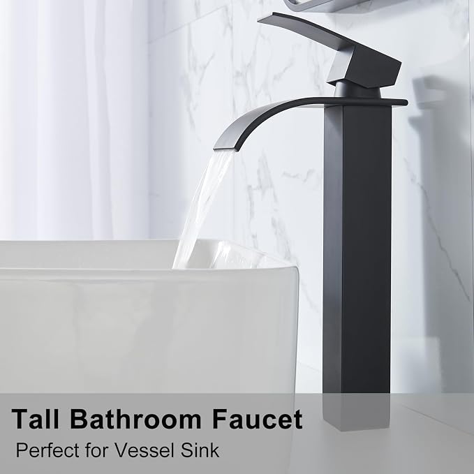 Vessel Sink Faucet, Tall Matte Black Waterfall Bathroom Faucet Single Handle One Hole Stainless Steel Mixer Tap Bowl Lavatory Vanity Faucet UF-FJT016B