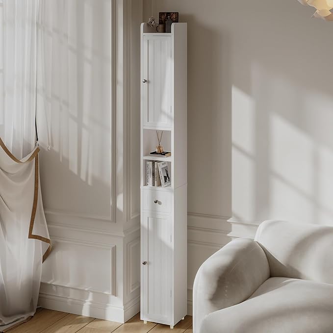 ChooChoo Narrow Bathroom Storage Cabinet with Adjustable Shelves, Tall Storage Cabinet with 2 Doors and 1 Drawer, Freestanding Cupboard for Small Spaces, White