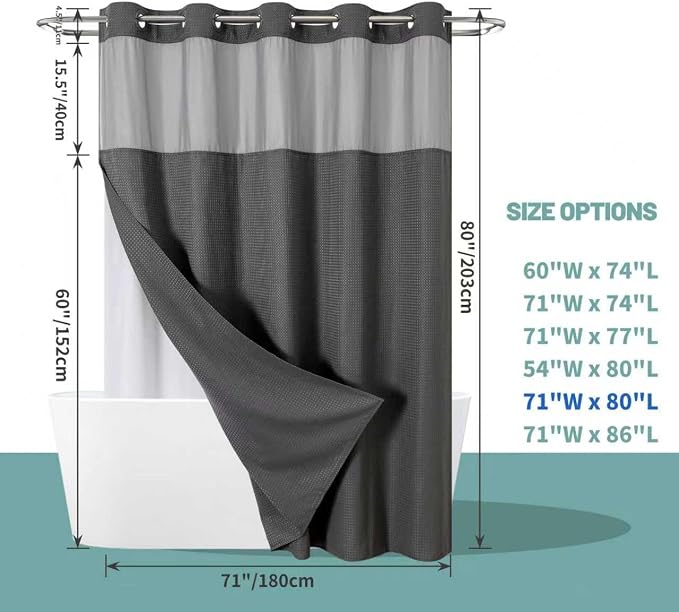 No Hook Waffle Shower Curtain with Snap-in Liner, 71x80 Inch, Charcoal | 230 GSM waffle weave fabric, waterproof liner set with 2 bottom magnets, mesh top window, washable, for bathroom or hotel use