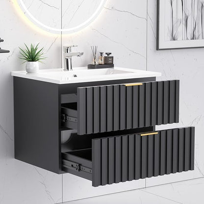 ONBRILL 24 Inch Bathroom Vanity with Sink Combo, Floating Bathroom Vanity with 2 Fluted Drawers & Metal Handle, Modern Wall Mount Storage Cabinet with Ceramic Integrated Sink for Small Space (Black)