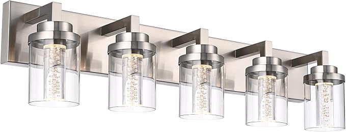 MELUCEE LED Vanity Light Bar 5-Light Bathroom Vanity Light 3000K-6000K | 25W Bath Lamps Over Mirror Brushed Nickel Bathroom Wall Lighting Fixtures with Clear Glass Shade Bubble Crystal