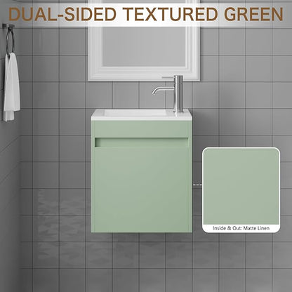 wonline 16" Small Floating Green Bathroom Vanity Sink Combo, Wall Mounted Narrow Single Cabinet with Resin Basin Sink Top, Water Saving Chrome Faucet & Pop-Up Drain
