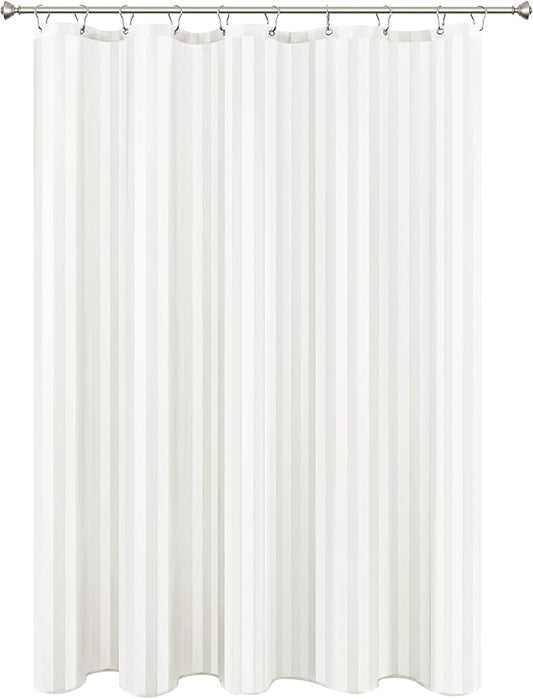 Biscaynebay Fabric Shower Curtain or Liner 72" by 72", Ivory Water Repellent Damask Stripes Bathroom Curtains Machine Washable
