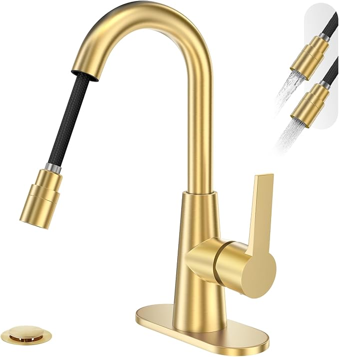 Brushed Gold Tall Bathroom Sink Faucet with Pull Down Sprayer, High Arc Single Handle Pull Out Faucet with Pop-Up Drain, 1 or 3 Hole Laundry Bar Basin Faucet with Deck Plate,WE10CL-ZY-BG
